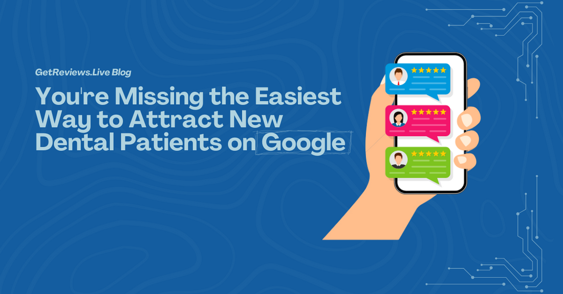 Illustration of a hand holding a phone showing star-rated reviews, used in a GetReviews.Live blog about Is Your Google Listing Outdated? It's Costing You Dental Patients