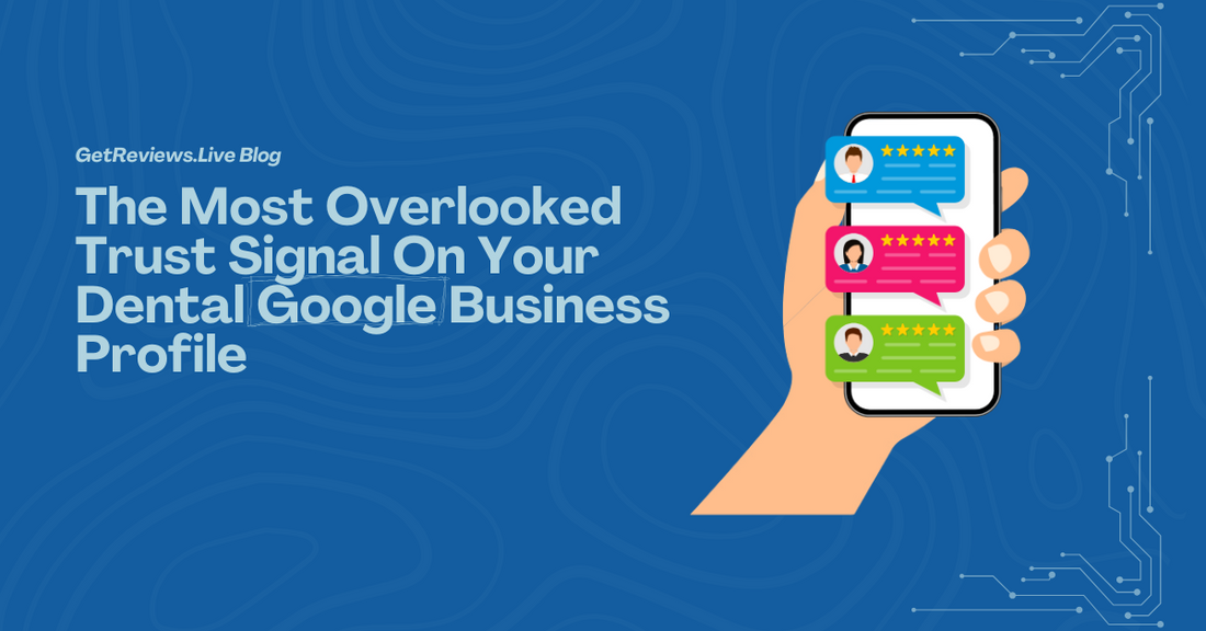 Illustration of a hand holding a phone showing star-rated reviews, used in a GetReviews.Live blog about The Most Overlooked Trust Signal On Your Dental Google Business Profile