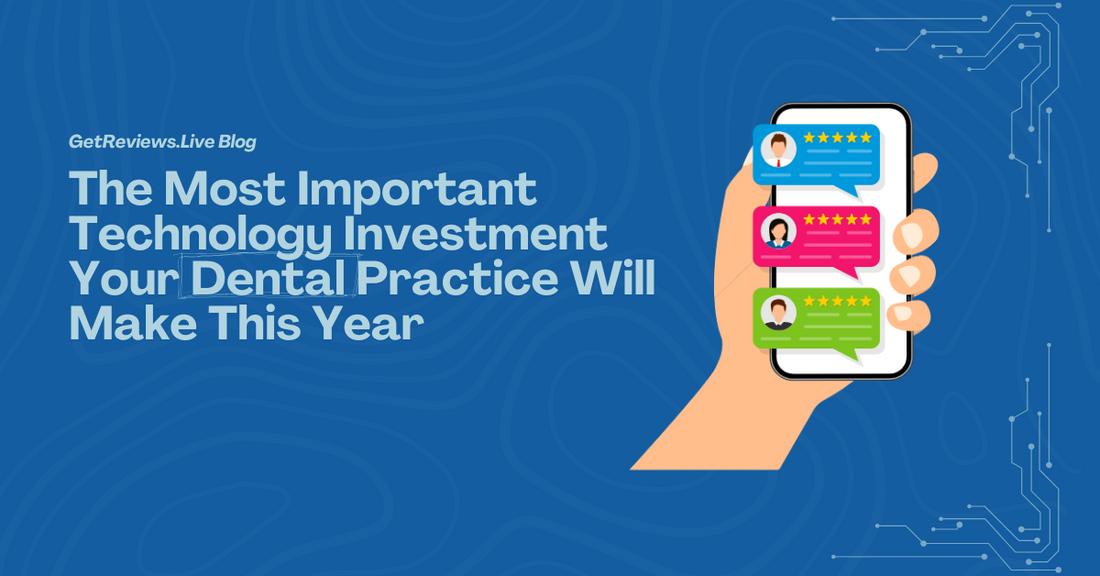 Illustration of a hand holding a phone showing star-rated reviews, used in a GetReviews.Live blog about The Most Important Technology Investment Your Dental Practice Will Make This Year