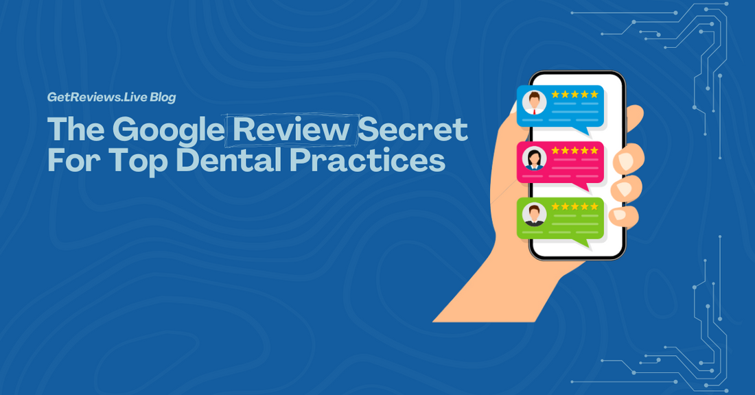 Illustration of a hand holding a phone showing star-rated reviews, used in a GetReviews.Live blog about The Google Review Secret For Top Dental Practices