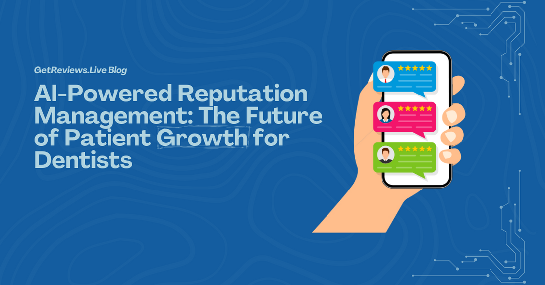 Illustration of a hand holding a phone showing star-rated reviews, used in a GetReviews.Live blog about AI-Powered Reputation Management: The Future of Patient Growth for Dentists