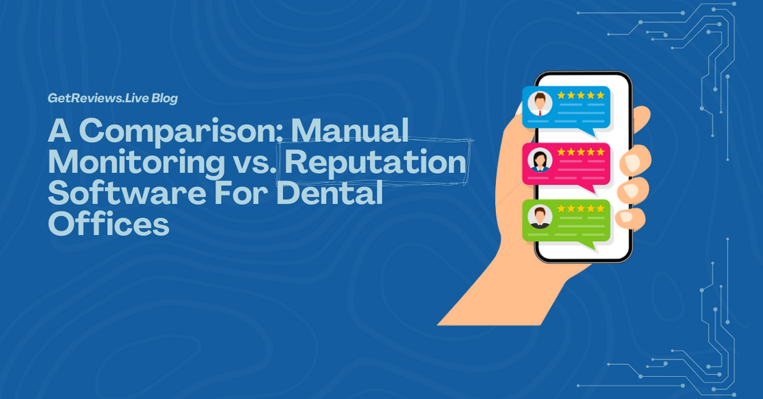 Illustration of a hand holding a phone showing star-rated reviews, used in a GetReviews.Live blog about A Comparison: Manual Monitoring vs. Reputation Software For Dental Offices