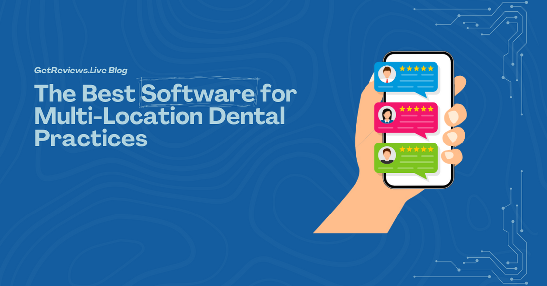 Illustration of a hand holding a phone showing star-rated reviews, used in a GetReviews.Live blog about The Best Software for Multi-Location Dental Practices