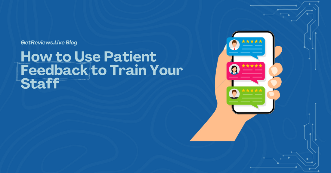 Illustration of a hand holding a phone showing star-rated reviews, used in a GetReviews.Live blog about How to Use Patient Feedback to Train Your Staff
