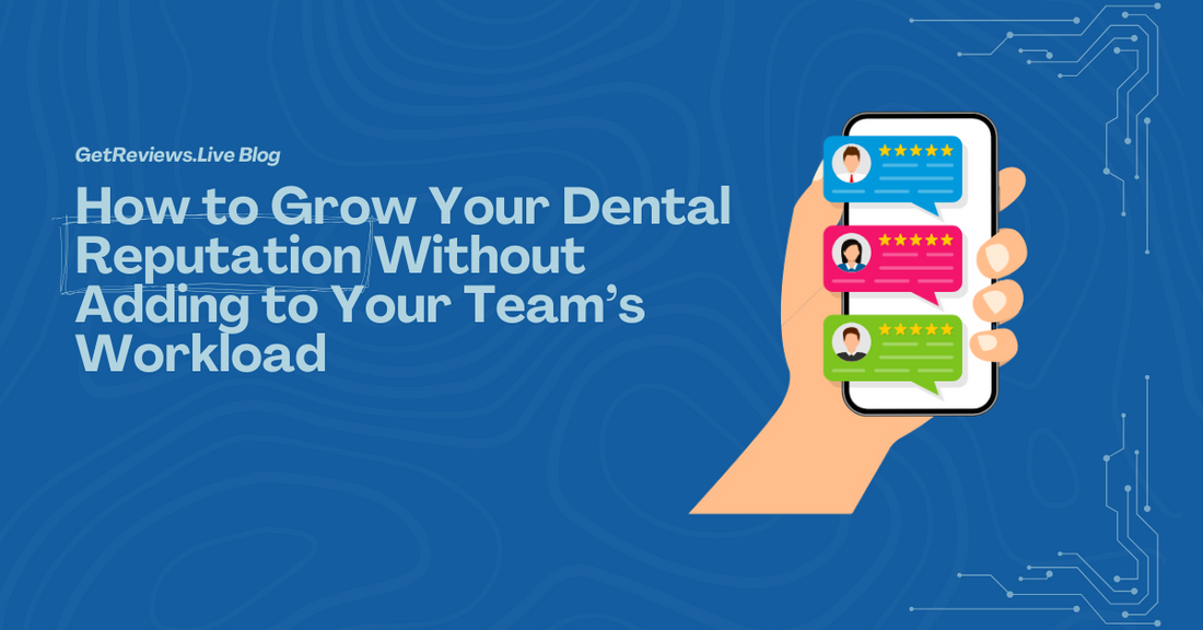 Illustration of a hand holding a phone showing star-rated reviews, used in a GetReviews.Live blog about How to Grow Your Dental Reputation Without Adding to Your Team’s Workload