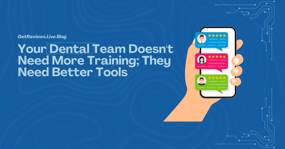 Illustration of a hand holding a phone showing star-rated reviews, used in a GetReviews.Live blog about Your Dental Team Doesn't Need More Training; They Need Better Tools 