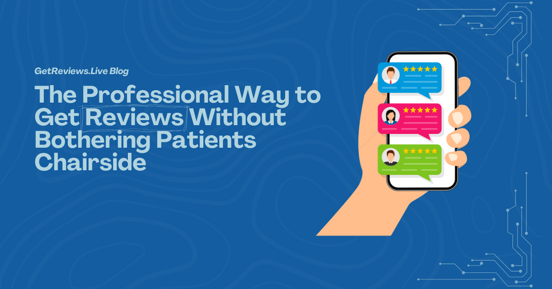 Illustration of a hand holding a phone showing star-rated reviews, used in a GetReviews.Live blog about The Professional Way to Get Reviews Without Bothering Patients Chairside
