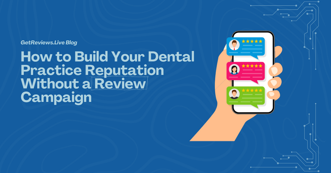 Illustration of a hand holding a phone showing star-rated reviews, used in a GetReviews.Live blog about How to Build Your Dental Practice Reputation Without a Review Campaign