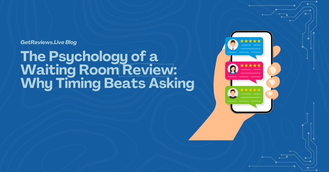 Illustration of a hand holding a phone showing star-rated reviews, used in a GetReviews.Live blog about The Psychology of a Waiting Room Review: Why Timing Beats Asking