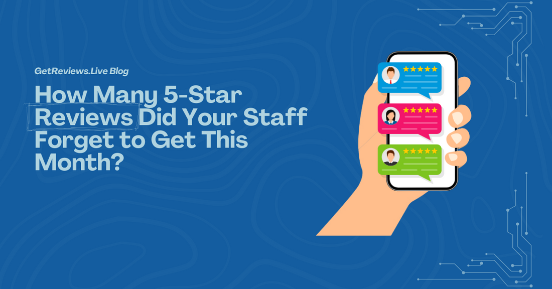 Illustration of a hand holding a phone showing star-rated reviews, used in a GetReviews.Live blog about How Many 5-Star Reviews Did Your Staff Forget to Get This Month?