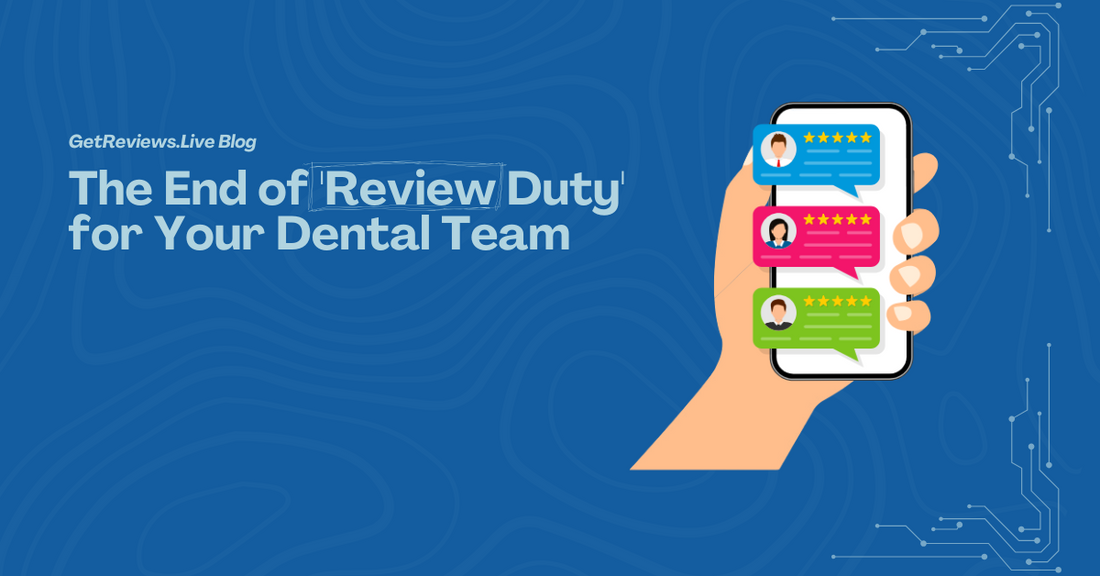 Illustration of a hand holding a phone showing star-rated reviews, used in a GetReviews.Live blog about The End of 'Review Duty' for Your Dental Team