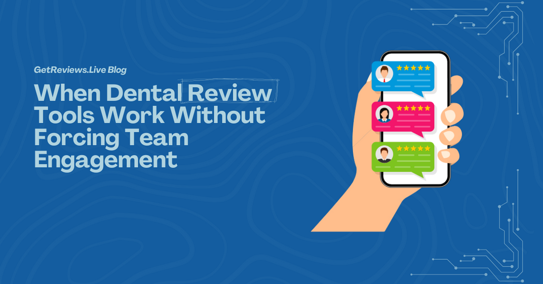 Illustration of a hand holding a phone showing star-rated reviews, used in a GetReviews.Live blog about When Dental Review Tools Work Without Forcing Team Engagement