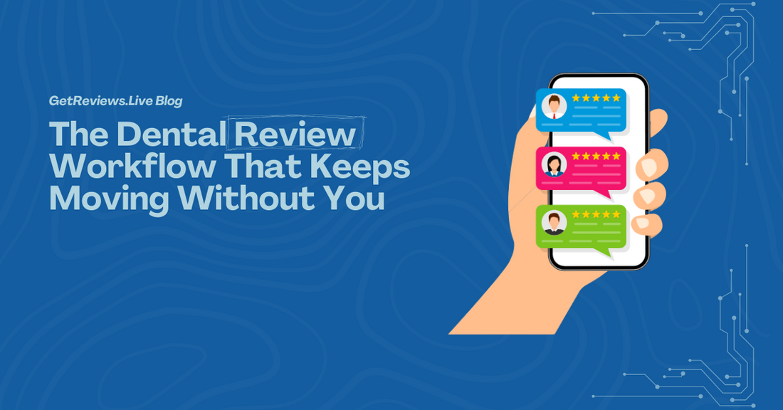 Illustration of a hand holding a phone showing star-rated reviews, used in a GetReviews.Live blog about The Dental Review Workflow That Keeps Moving Without You