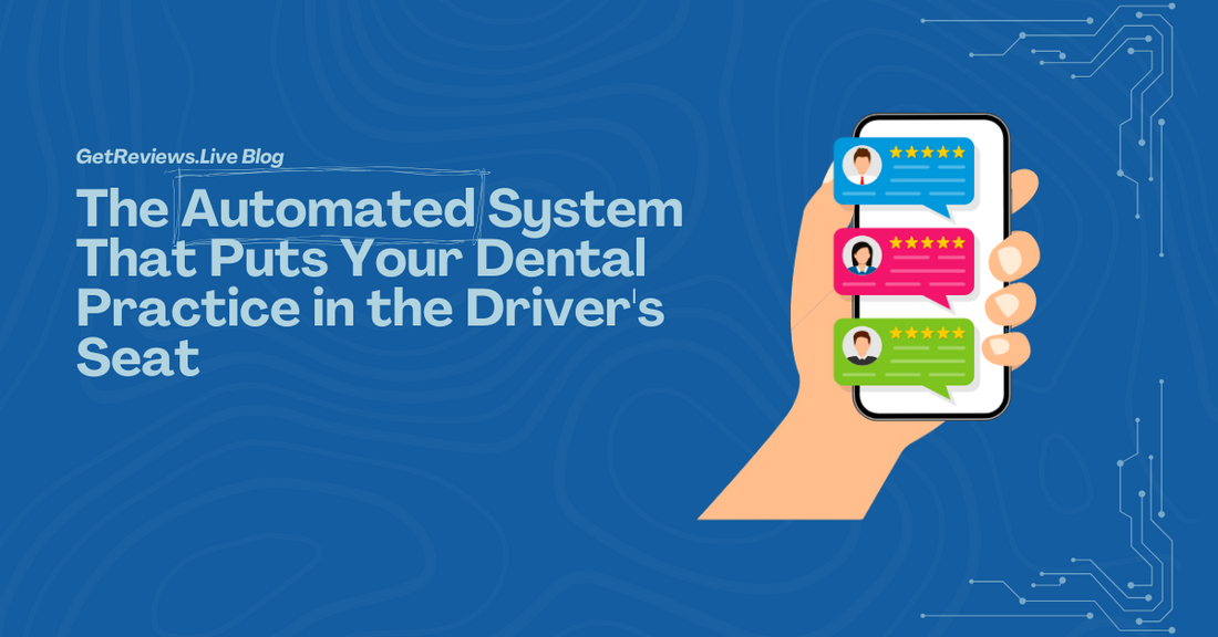 Illustration of a hand holding a phone showing star-rated reviews, used in a GetReviews.Live blog about The Automated System That Puts Your Dental Practice in the Driver's Seat