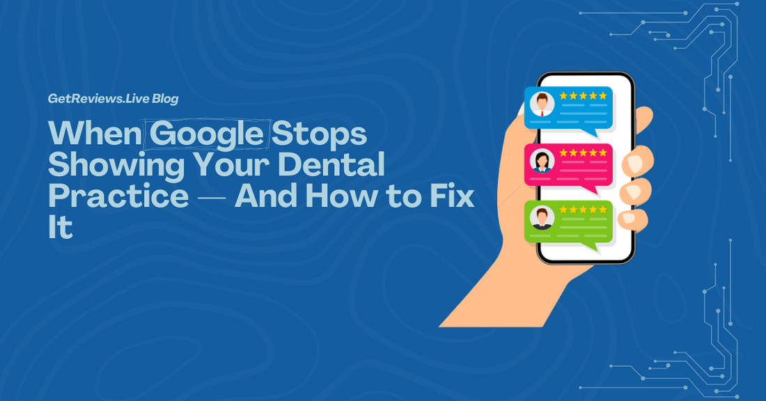 Illustration of a hand holding a phone showing star-rated reviews, used in a GetReviews.Live blog about When Google Stops Showing Your Dental Practice — And How to Fix It