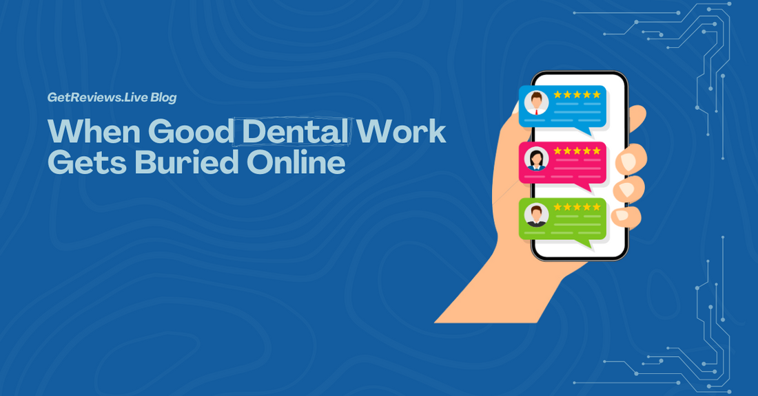 Illustration of a hand holding a phone showing star-rated reviews, used in a GetReviews.Live blog about When Good Dental Work Gets Buried Online