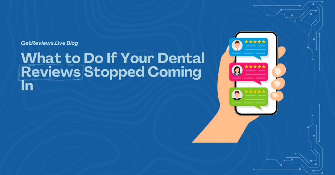 Illustration of a hand holding a phone showing star-rated reviews, used in a GetReviews.Live blog about What to Do If Your Dental Reviews Stopped Coming In