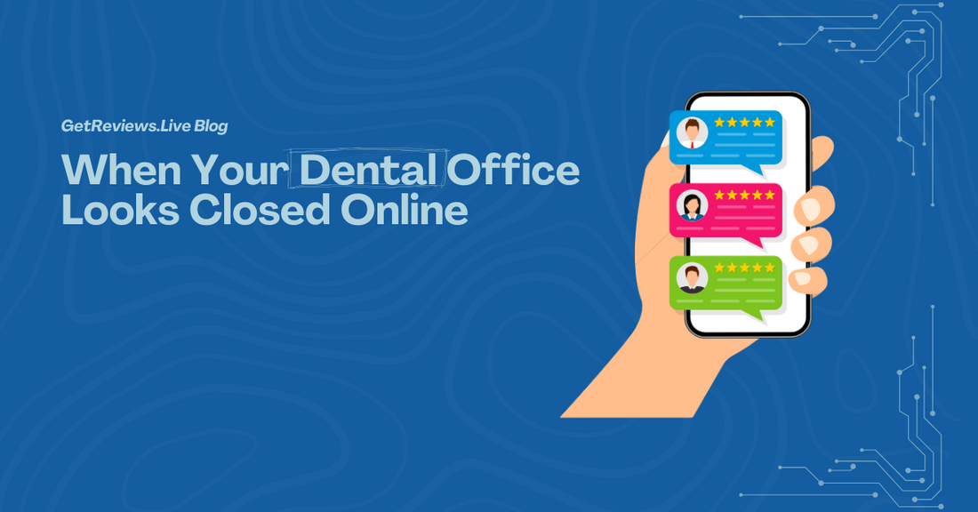 Illustration of a hand holding a phone showing star-rated reviews, used in a GetReviews.Live blog about When Your Dental Office Looks Closed Online