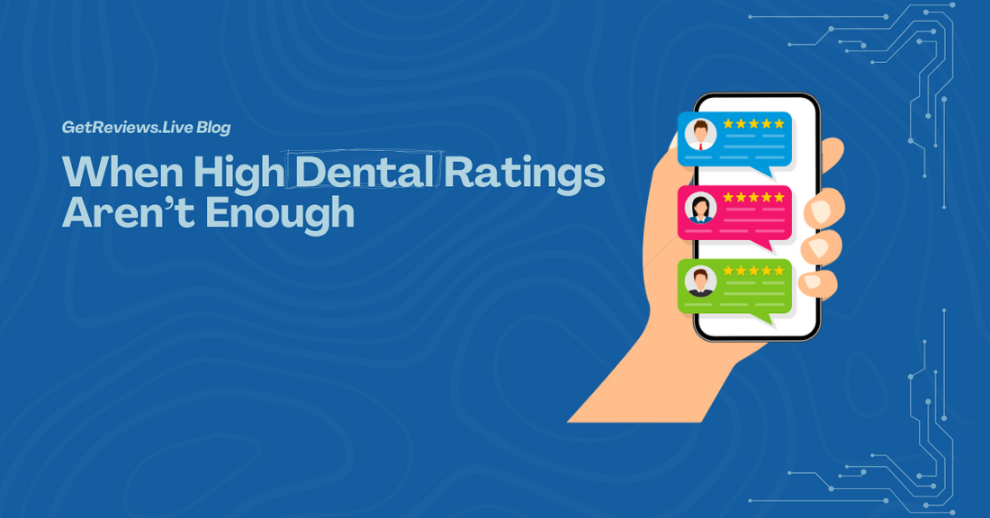 Illustration of a hand holding a phone showing star-rated reviews, used in a GetReviews.Live blog about When High Dental Ratings Aren’t Enough