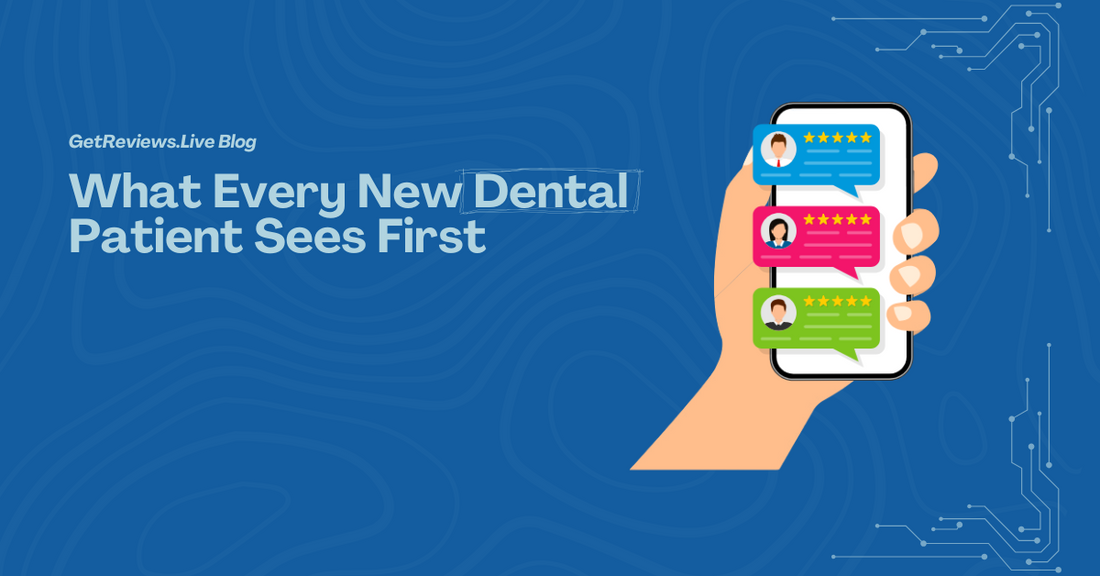 Illustration of a hand holding a phone showing star-rated reviews, used in a GetReviews.Live blog about What Every New Dental Patient Sees First