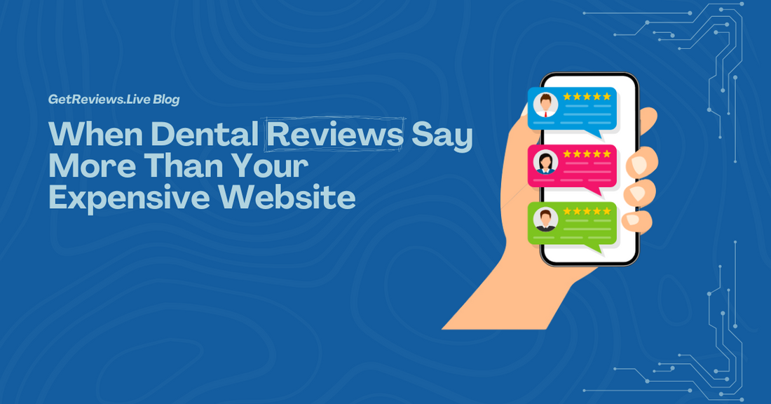 Illustration of a hand holding a phone showing star-rated reviews, used in a GetReviews.Live blog about When Dental Reviews Say More Than Your Expensive Website