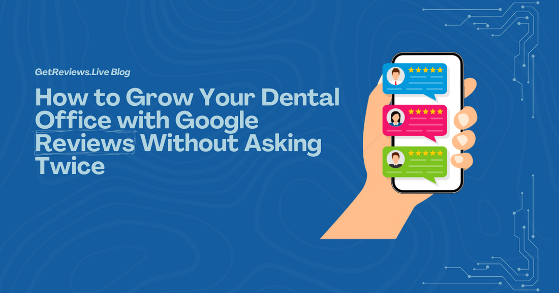 Illustration of a hand holding a phone showing star-rated reviews, used in a GetReviews.Live blog about How to Grow Your Dental Office with Google Reviews Without Asking Twice