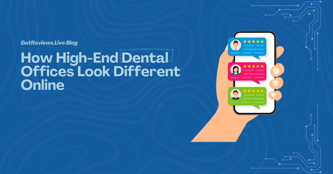 Illustration of a hand holding a phone showing star-rated reviews, used in a GetReviews.Live blog about How High-End Dental Offices Look Different Online