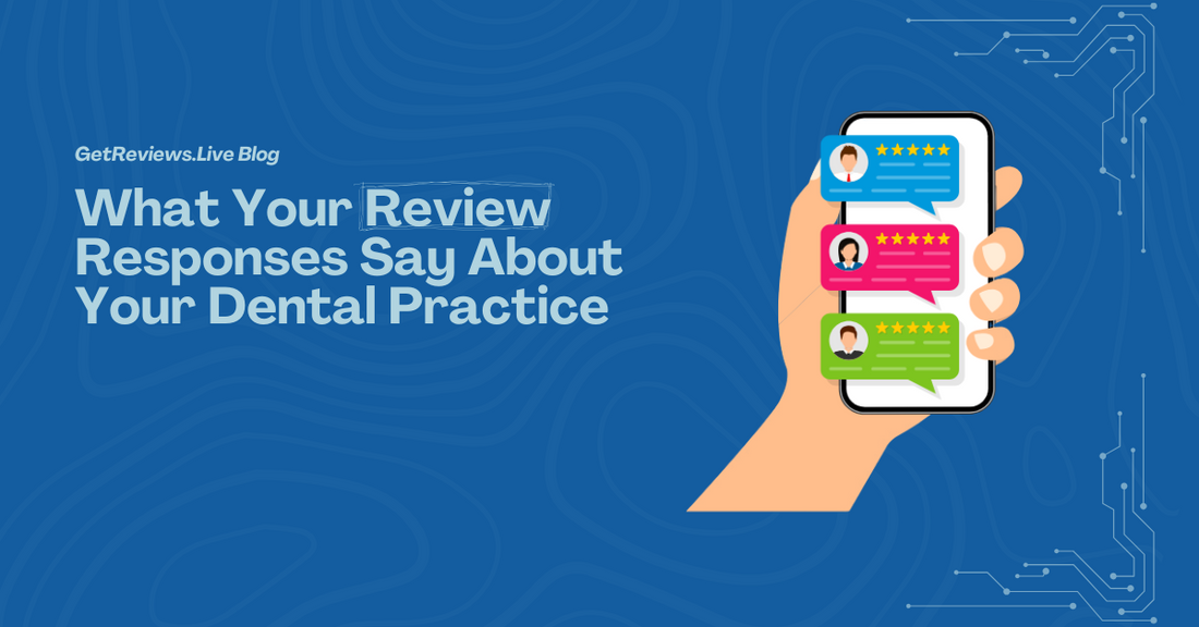 Illustration of a hand holding a phone showing star-rated reviews, used in a GetReviews.Live blog about What Your Review Responses Say About Your Dental Practice