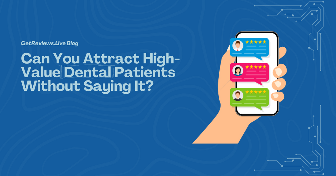 Illustration of a hand holding a phone showing star-rated reviews, used in a GetReviews.Live blog about Can You Attract High-Value Dental Patients Without Saying It?