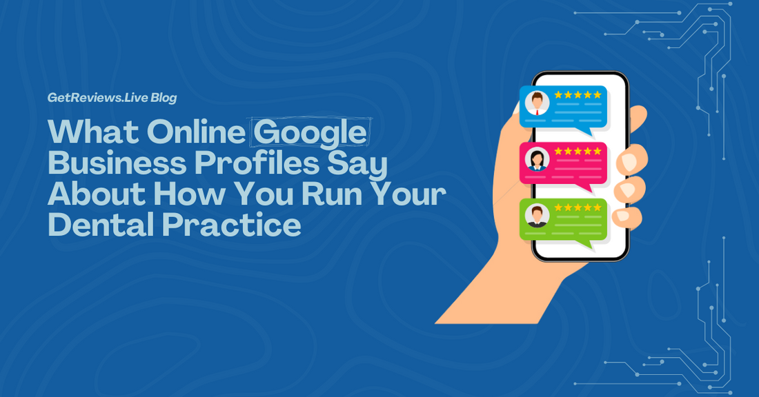 Illustration of a hand holding a phone showing star-rated reviews, used in a GetReviews.Live blog about What Online Google Business Profiles Say About How You Run Your Dental Practice