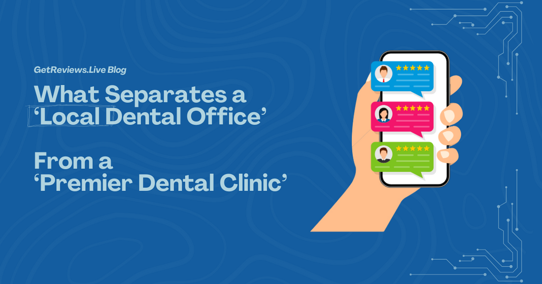 Illustration of a hand holding a phone showing star-rated reviews, used in a GetReviews.Live blog about What Separates a ‘Local Dental Office’ From a ‘Premier Dental Clinic’