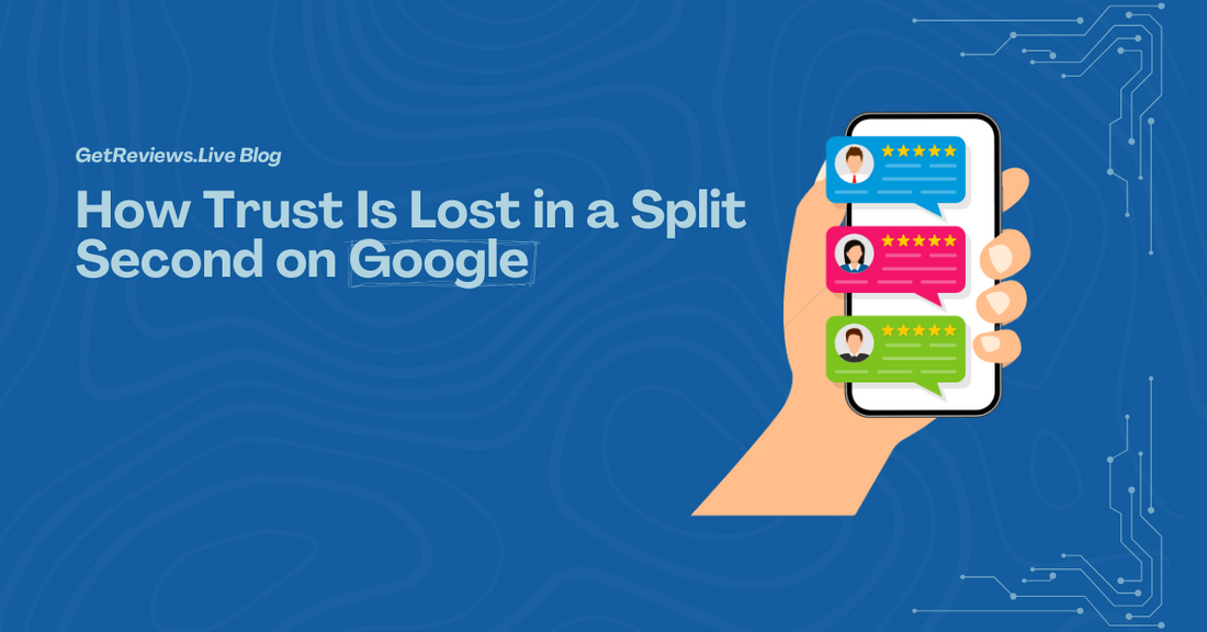 Illustration of a hand holding a phone showing star-rated reviews, used in a GetReviews.Live blog about How Trust Is Lost in a Split Second on Google
