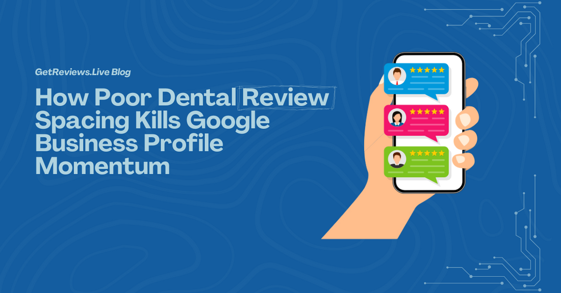 Illustration of a hand holding a phone showing star-rated reviews, used in a GetReviews.Live blog about How Poor Dental Review Spacing Kills Google Business Profile Momentum