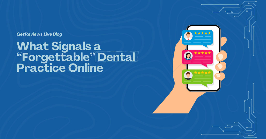 Illustration of a hand holding a phone showing star-rated reviews, used in a GetReviews.Live blog about What Signals a “Forgettable” Dental Practice Online