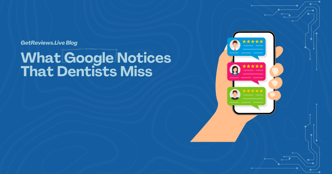 Illustration of a hand holding a phone showing star-rated reviews, used in a GetReviews.Live blog about What Google Notices That Dentists Miss