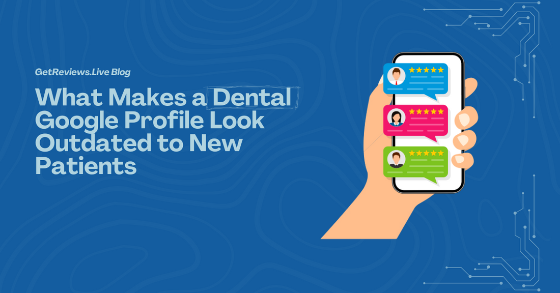 Illustration of a hand holding a phone showing star-rated reviews, used in a GetReviews.Live blog about What Makes a Dental Google Profile Look Outdated to New Patients