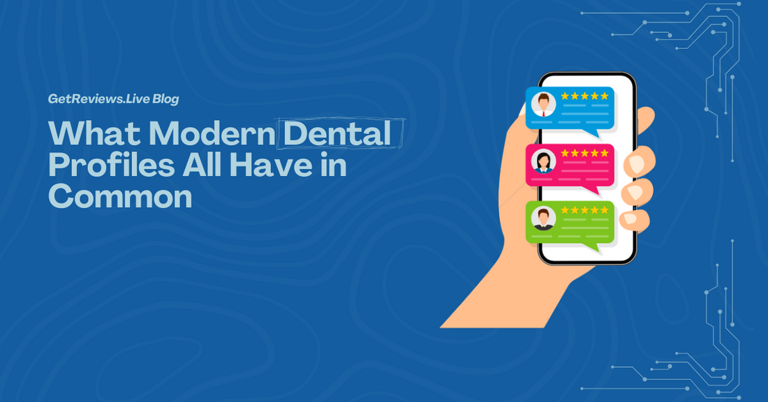 Illustration of a hand holding a phone showing star-rated reviews, used in a GetReviews.Live blog about What Modern Dental Profiles All Have in Common