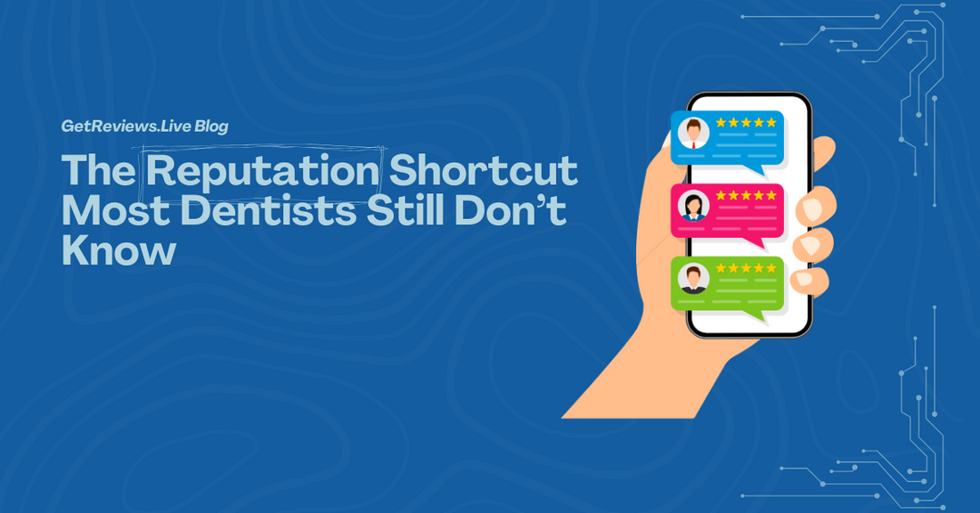 Illustration of a hand holding a phone showing star-rated reviews, used in a GetReviews.Live blog about The Reputation Shortcut Most Dentists Still Don’t Know