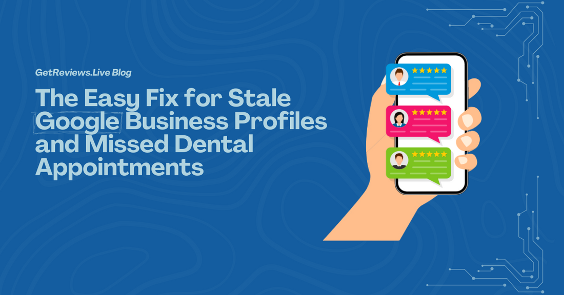 Illustration of a hand holding a phone showing star-rated reviews, used in a GetReviews.Live blog about The Easy Fix for Stale Google Business Profiles and Missed Dental Appointments