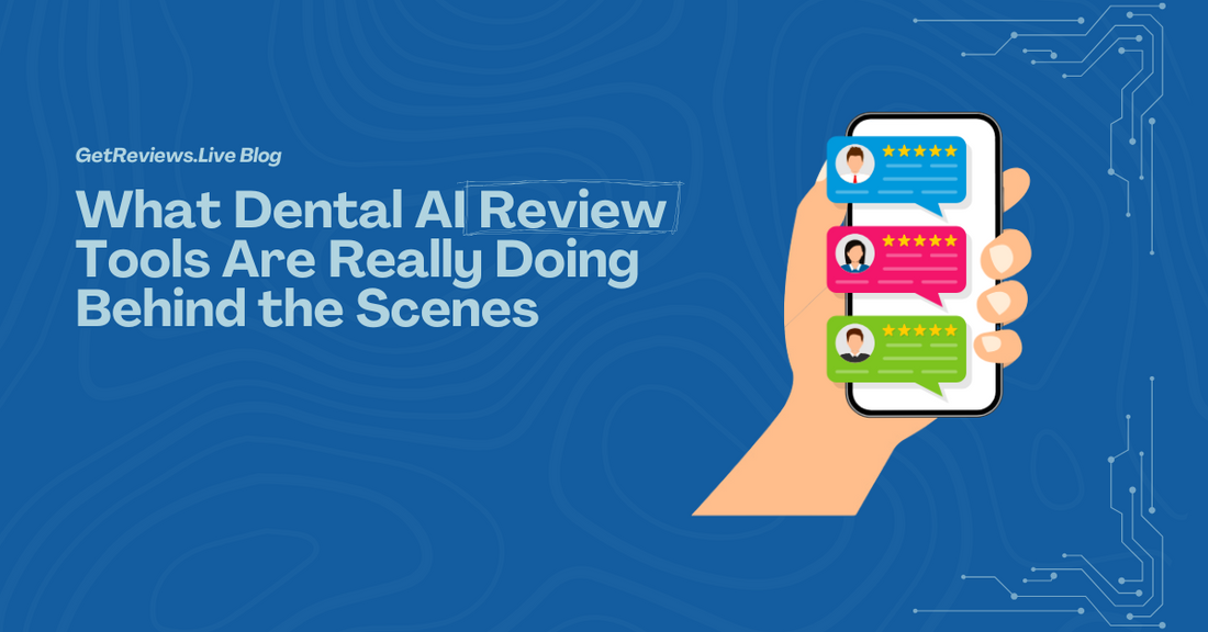 Illustration of a hand holding a phone showing star-rated reviews, used in a GetReviews.Live blog about What Dental AI Review Tools Are Really Doing Behind the Scenes