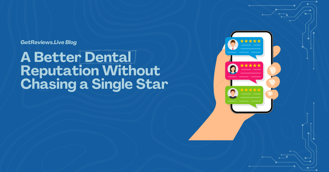 Illustration of a hand holding a phone showing star-rated reviews, used in a GetReviews.Live blog about A Better Dental Reputation Without Chasing a Single Star