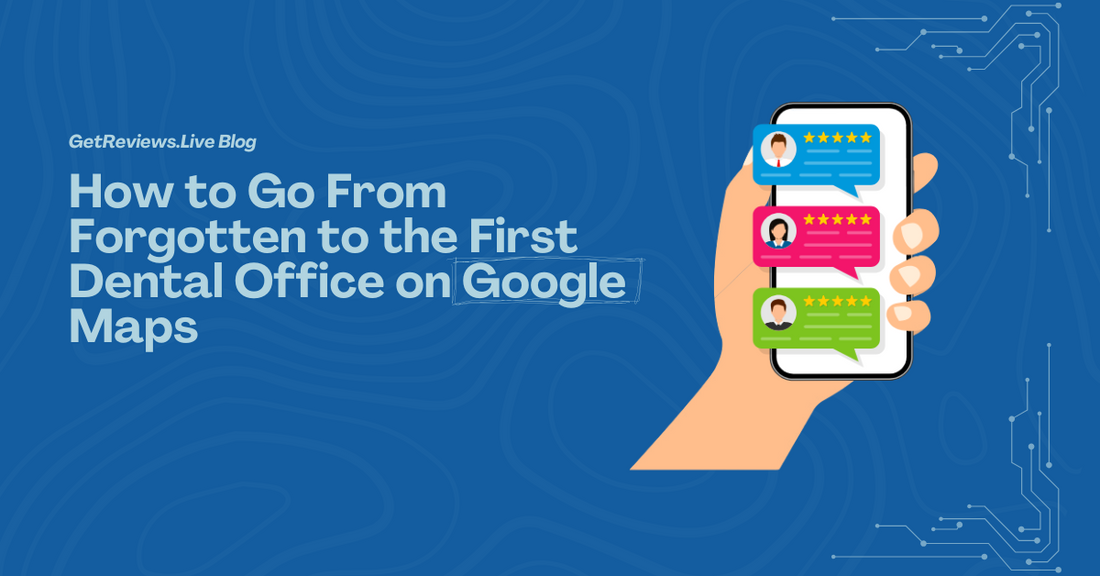 Illustration of a hand holding a phone showing star-rated reviews, used in a GetReviews.Live blog about How to Go From Forgotten to the First Dental Office on Google Maps