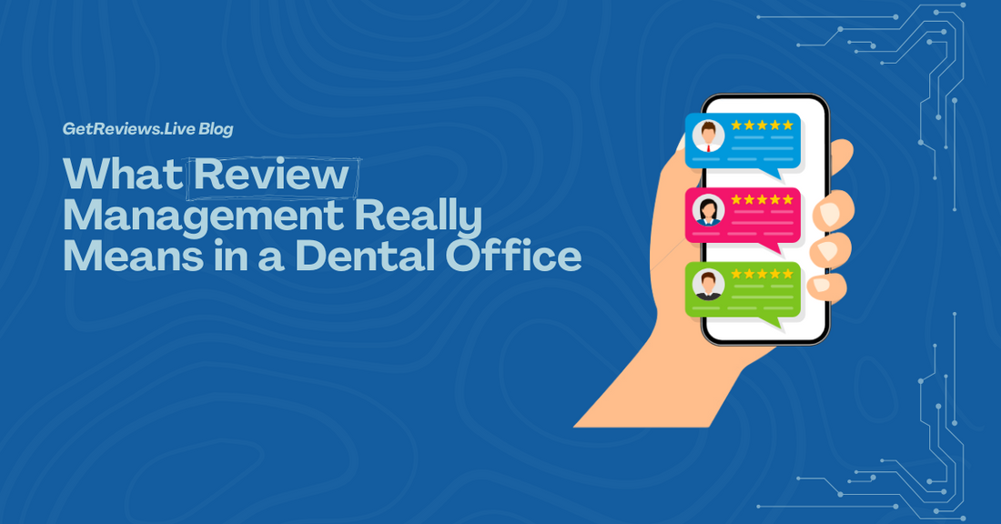 Illustration of a hand holding a phone showing star-rated reviews, used in a GetReviews.Live blog about What Review Management Really Means in a Dental Office