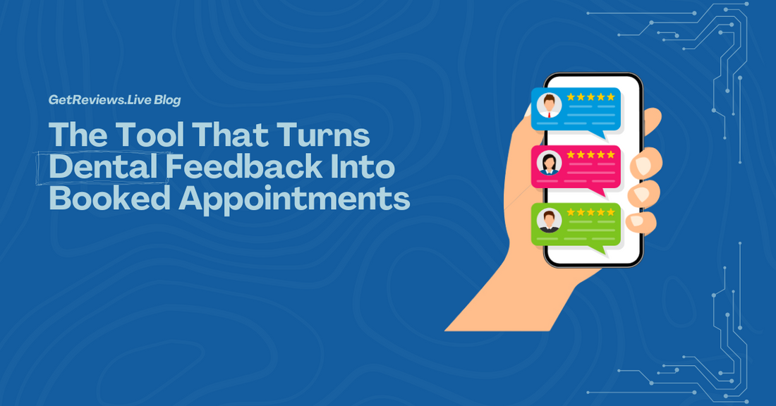 Illustration of a hand holding a phone showing star-rated reviews, used in a GetReviews.Live blog about The Tool That Turns Dental Feedback Into Booked Appointments