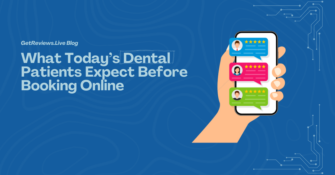 Illustration of a hand holding a phone showing star-rated reviews, used in a GetReviews.Live blog about What Today’s Dental Patients Expect Before Booking Online