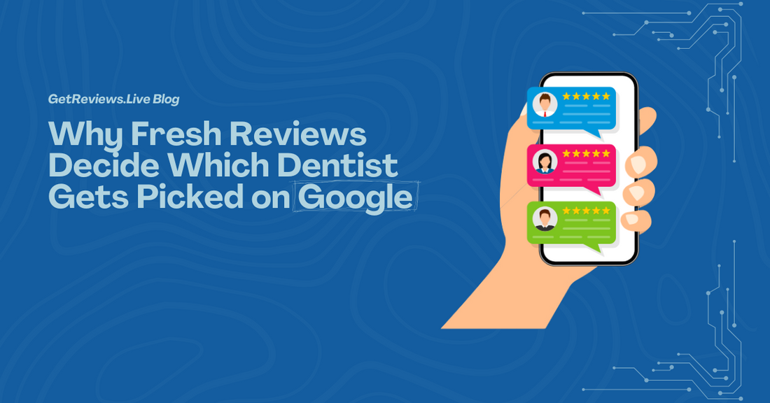 Illustration of a hand holding a phone showing star-rated reviews, used in a GetReviews.Live blog about Why Fresh Reviews Decide Which Dentist Gets Picked on Google