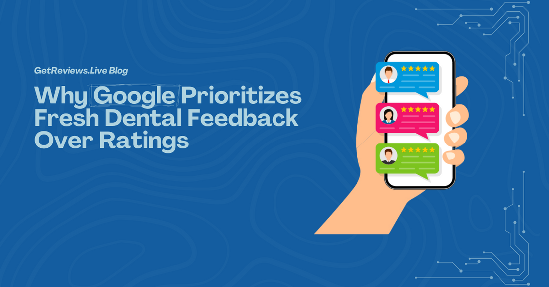 Illustration of a hand holding a phone showing star-rated reviews, used in a GetReviews.Live blog about Why Google Prioritizes Fresh Dental Feedback Over Ratings