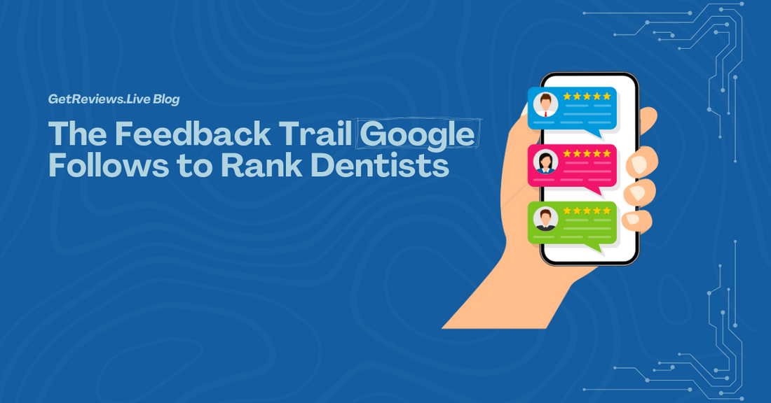 Illustration of a hand holding a phone showing star-rated reviews, used in a GetReviews.Live blog about The Feedback Trail Google Follows to Rank Dentists