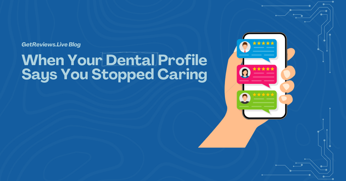 Illustration of a hand holding a phone showing star-rated reviews, used in a GetReviews.Live blog about When Your Dental Profile Says You Stopped Caring