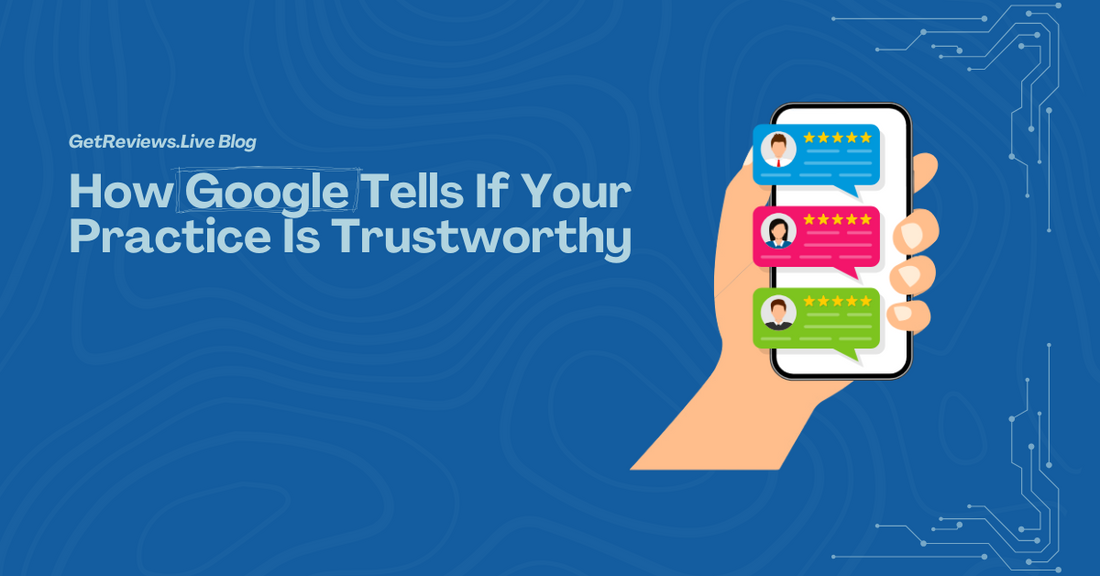 Illustration of a hand holding a phone showing star-rated reviews, used in a GetReviews.Live blog about How Google Tells If Your Practice Is Trustworthy